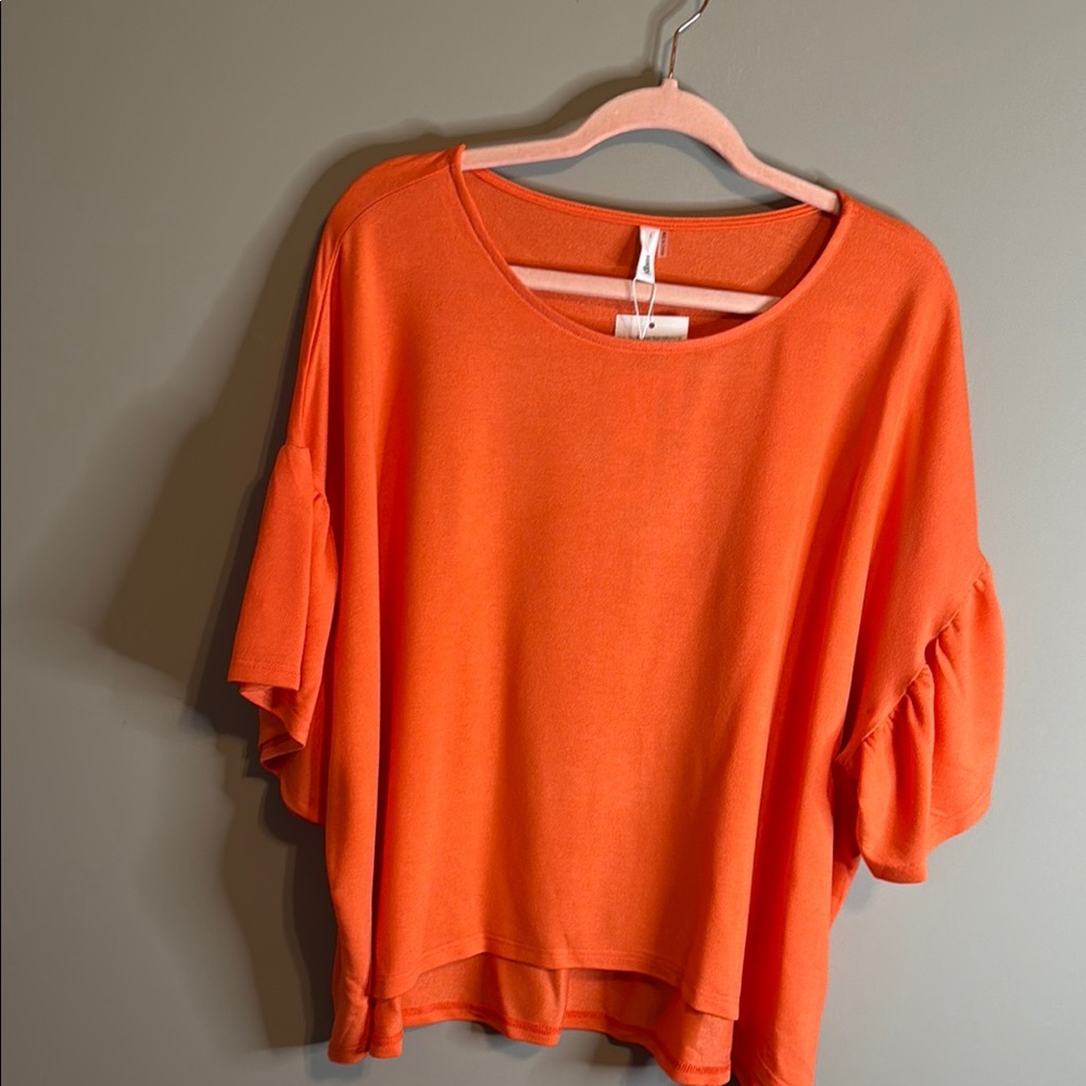 Glam Orange Sparkle Blouse‎ Large Short Ruffle Sleeve